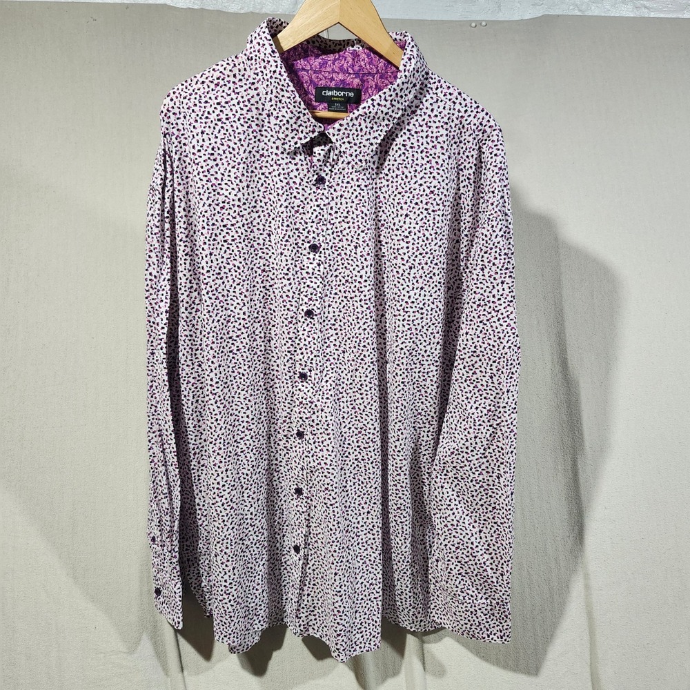 Claiborne Men 5XL Stretch Cotton Button Up Shirt Purple Geometric White Long Slv